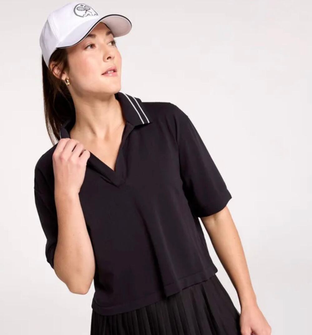 CALIA Seamless Tipped Polo Women’s M Black Cropped Golf Tennis NWT